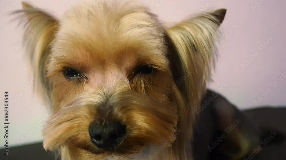trimmed yorkshire terrier after grooming lies on table with eyes closing. sleepy pet . emotions