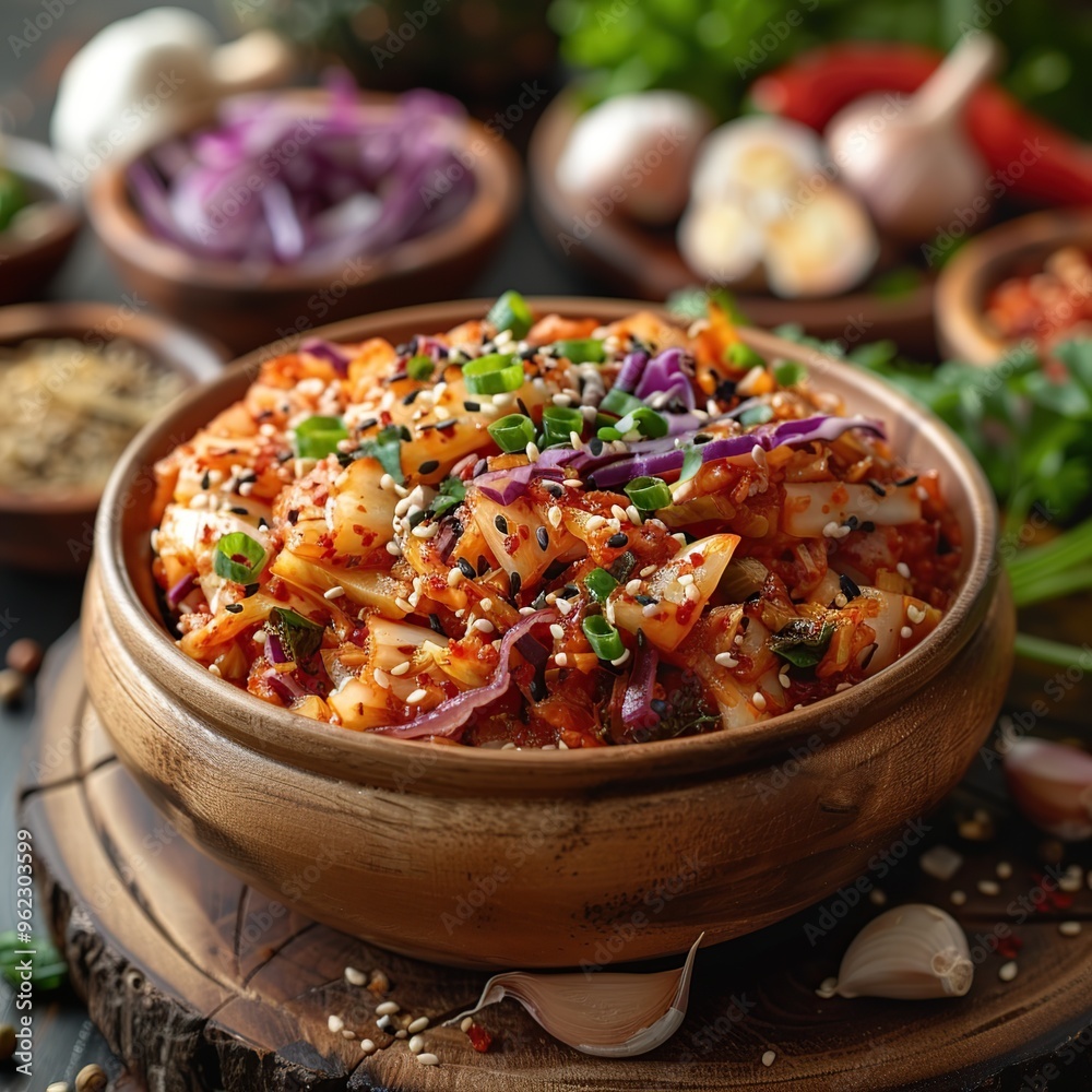 Spicy Kimchi in a Wooden Bowl Spicy Kimchi in a Wooden Bowl