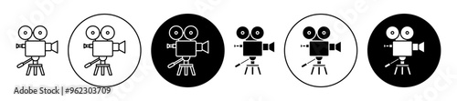 Video camera vector icon set black filled and outlined style.