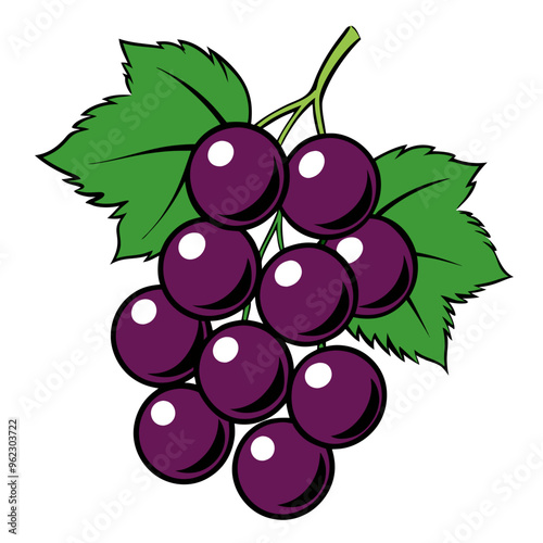 A cartoon image of a bunch of purple grapes with green leaves