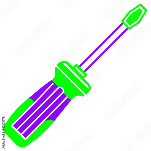 A brightly colored illustration of a flat-head screwdriver with a green and purple design