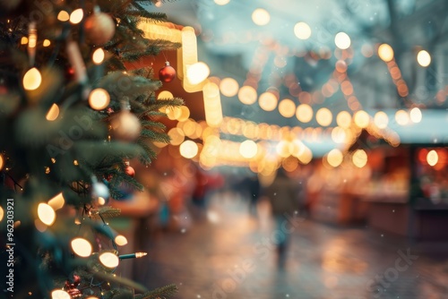 Abstract blurred Christmas market with glowing festive lights and holiday spirit