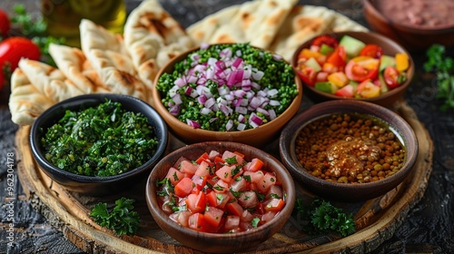 Middle Eastern Appetizer Platter with Flatbread and Dips