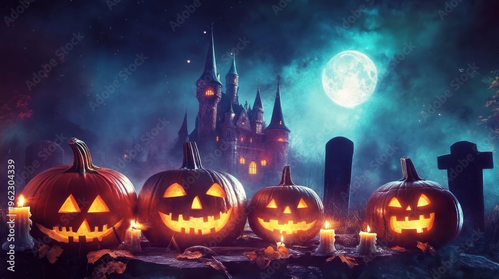 Halloween background with scary pumpkins candles in the graveyard at night with a castle background