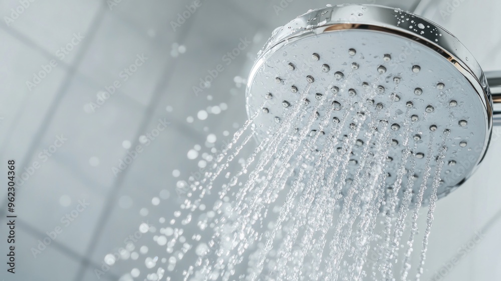 Close-up of a silver shower head with water running, circular tropical shower in the light bathroom Close-up of a silver shower head with water running, circular tropical shower in the light bathroom