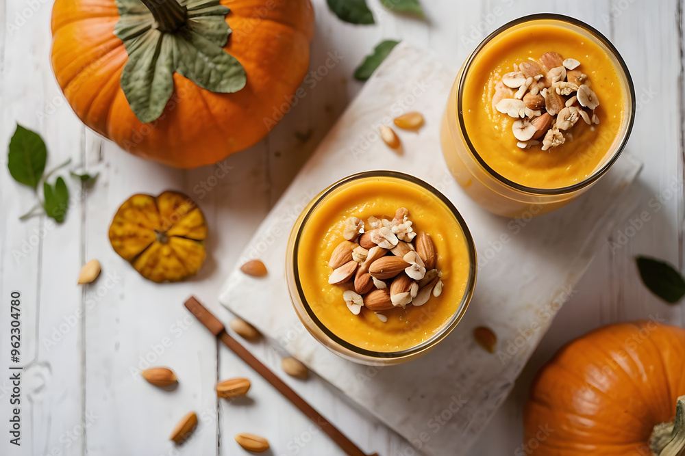 Pumpkin smoothie with walnuts in glasses on white rustic table, top view. Pumpkin smoothie with walnuts in glasses on white rustic table, top view.