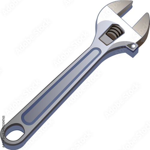Illustration of an adjustable wrench with a silver and blue handle.