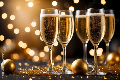 Glasses of champagne with confetti, glitter and lights. Festive background, celebration concept.