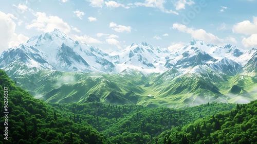 A tranquil mountain landscape with snow-capped peaks, lush green valleys, and a clear blue sky, solid white background. 32k, full ultra HD, high resolution