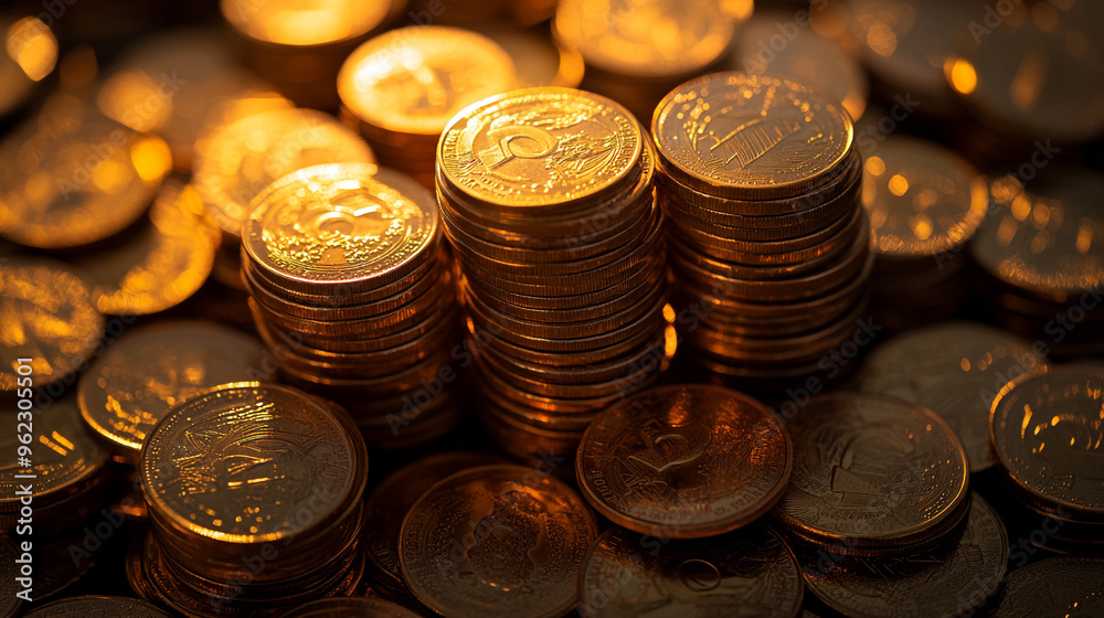Stacks of shiny coins glimmering under warm light in a close-up view displaying wealth and abundance Stacks of shiny coins glimmering under warm light in a close-up view displaying wealth and abundance