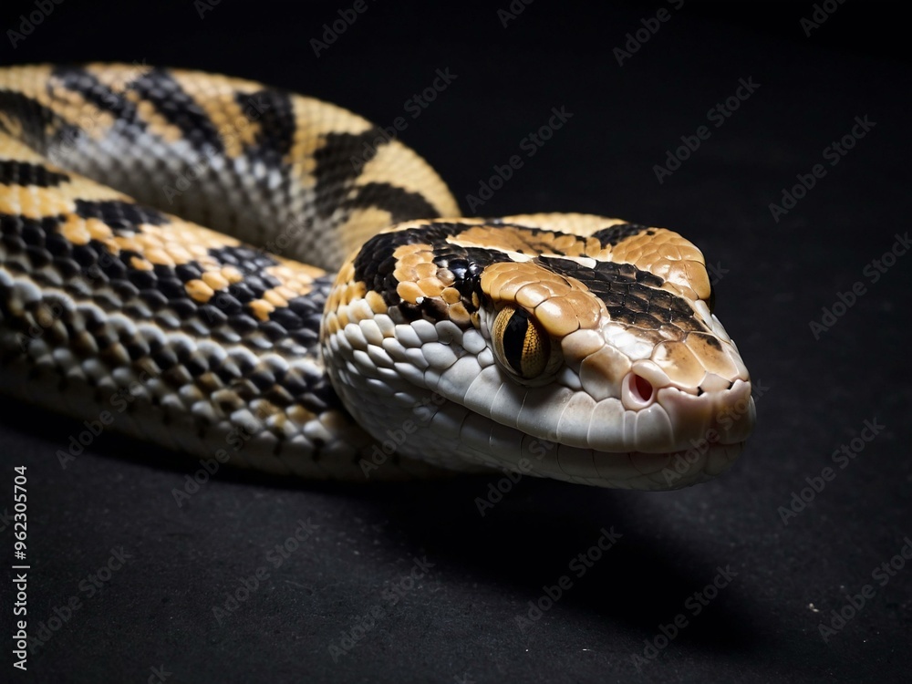 Albino Western hognose snake against a black backdrop, with ample space for text or design. Albino Western hognose snake against a black backdrop, with ample space for text or design.
