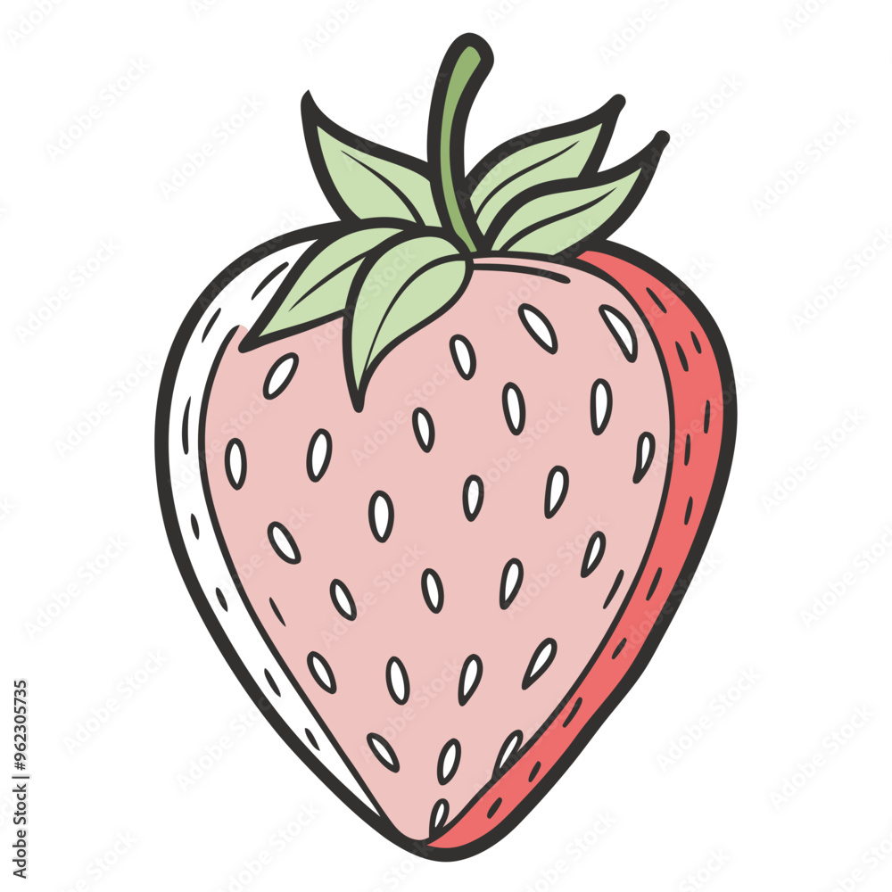 Hand-drawn illustration of a red strawberry with green leaves and white seeds Hand-drawn illustration of a red strawberry with green leaves and white seeds