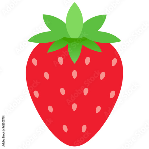 Illustration of a ripe red strawberry with green leaves and white seeds