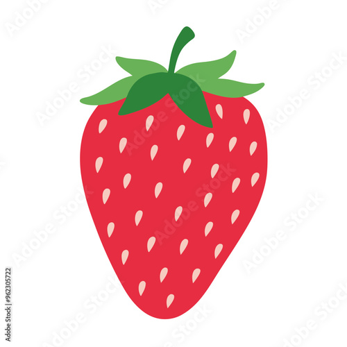 Illustration of a red strawberry with white seeds and a green leafy top