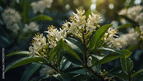 Alexandrian laurel blossoms with a natural background. photo