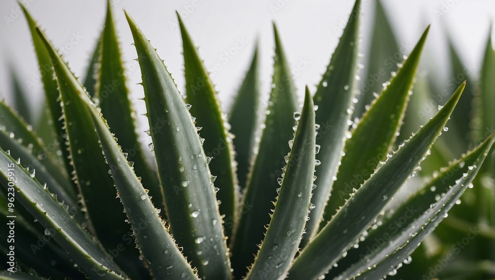 Aloe vera leaves up close against a softly blurred white background, featuring space for text or design. Aloe vera leaves up close against a softly blurred white background, featuring space for text or design.