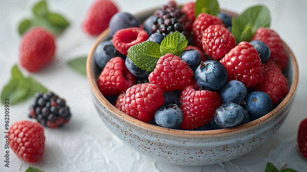 Bowl with fresh berries on white table, closeup. Healthy food Bowl with fresh berries on white table, closeup. Healthy food