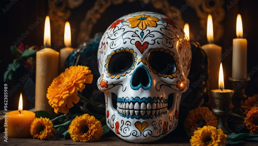 Altarpiece for Day of the Dead with a decorative sugar skull, candles, and marigold flowers. Altarpiece for Day of the Dead with a decorative sugar skull, candles, and marigold flowers.