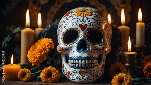 Altarpiece for Day of the Dead with a decorative sugar skull, candles, and marigold flowers. photo