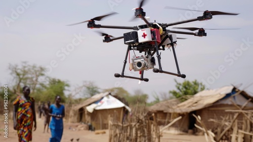 Drone Delivering Aid in African Village photo