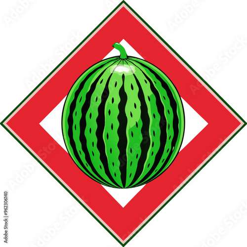 Illustration of a watermelon inside a red diamond-shaped hazard sign