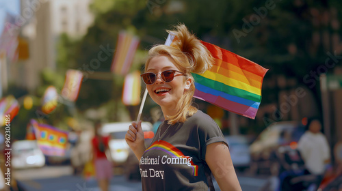 Participant with rainbow flag celebrating National Coming Out Day, reflecting pride and identity. photo