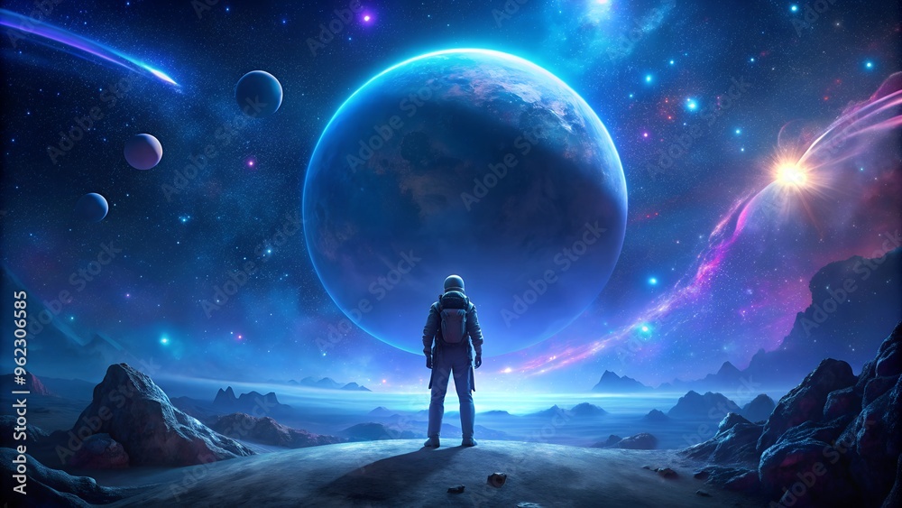 A lone astronaut standing on an alien planet gazes at a large planet and distant galaxies in space. The sky is filled with stars and glowing planets, creating a cosmic scene. A lone astronaut standing on an alien planet gazes at a large planet and distant galaxies in space. The sky is filled with stars and glowing planets, creating a cosmic scene.