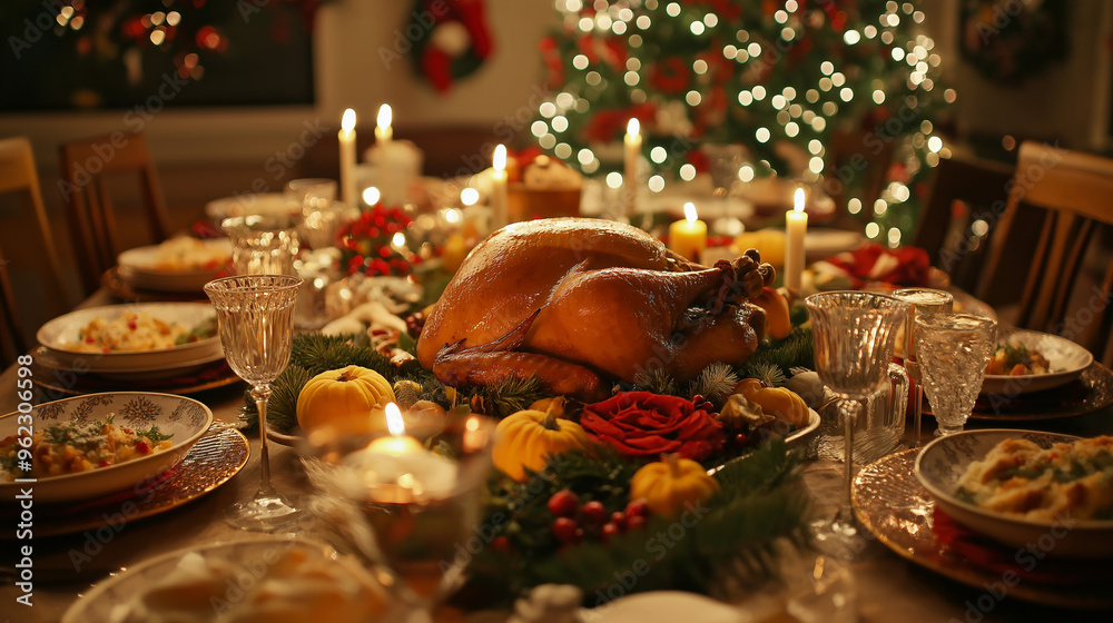 beautifully set christmas dinner table with a roasted turkey centerpiece, festive decorations, candles, and sparkling lights creating a warm holiday atmosphere beautifully set christmas dinner table with a roasted turkey centerpiece, festive decorations, candles, and sparkling lights creating a warm holiday atmosphere