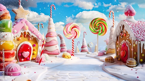 A whimsical candy land with oversized lollipops, candy cane trees, and gingerbread houses, solid white background. 32k, full ultra HD, high resolution