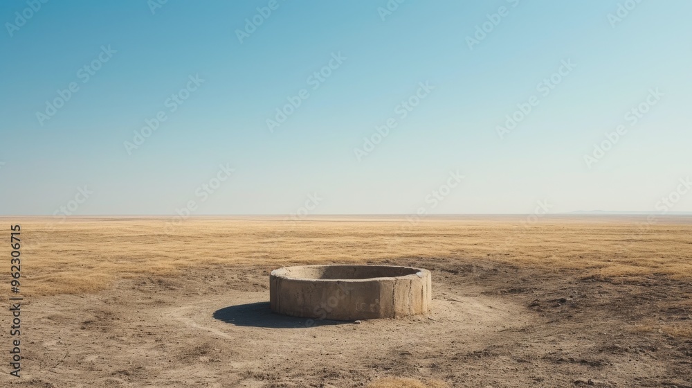 A well is seen in the center of a dry, expansive desert, framed by the bright, cloudless sky. The photograph emphasizes the solitude and resilience of the structure amidst a harsh, arid environment A well is seen in the center of a dry, expansive desert, framed by the bright, cloudless sky. The photograph emphasizes the solitude and resilience of the structure amidst a harsh, arid environment