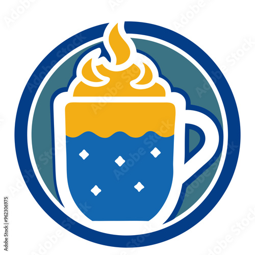 Stylized icon of a steaming hot cup of coffee or tea within a circular blue border