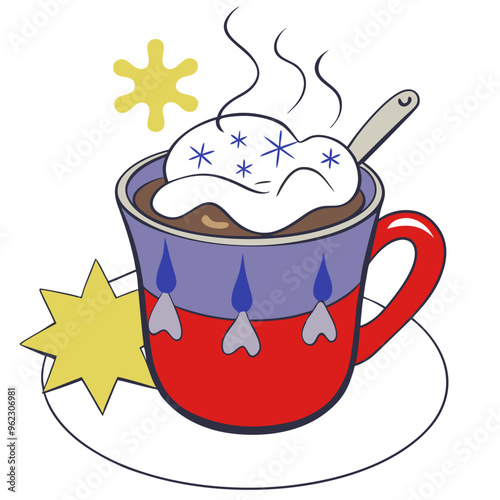 A steaming red and blue mug of hot chocolate with marshmallows and a spoon, adorned with stars and snowflakes