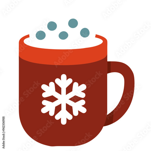 A red holiday mug with a white snowflake design and marshmallows on top