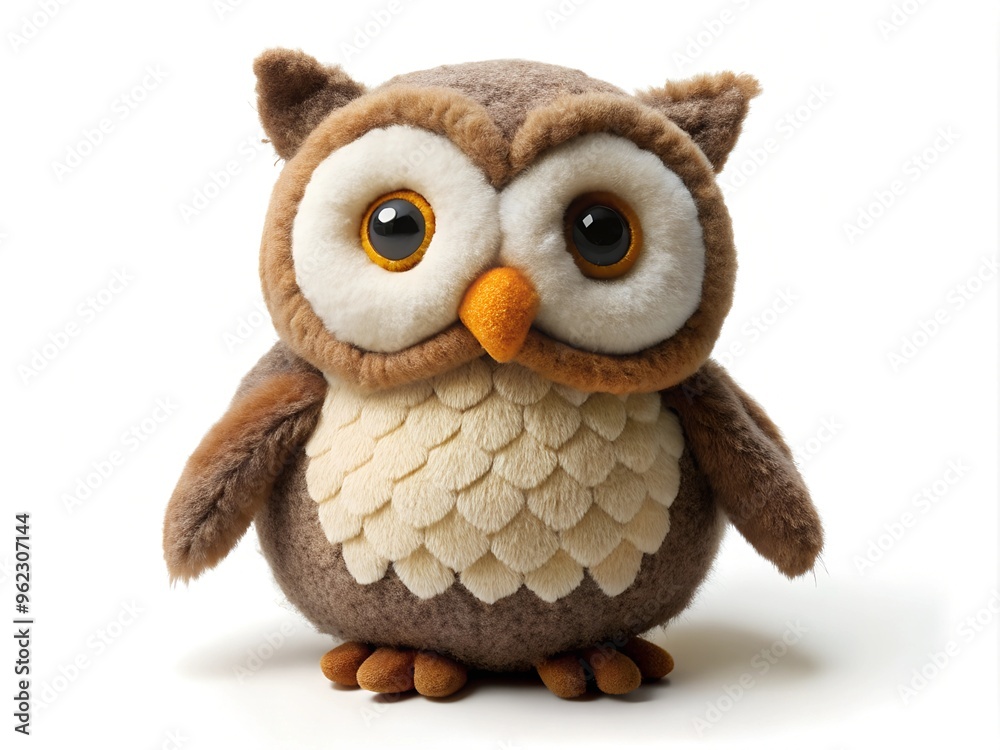 A plush owl toy with detailed, fluffy features, including big eyes, a soft brown and cream body, and a friendly appearance. Perfect for playtime, decoration, or collectors. isolated on a white A plush owl toy with detailed, fluffy features, including big eyes, a soft brown and cream body, and a friendly appearance. Perfect for playtime, decoration, or collectors. isolated on a white