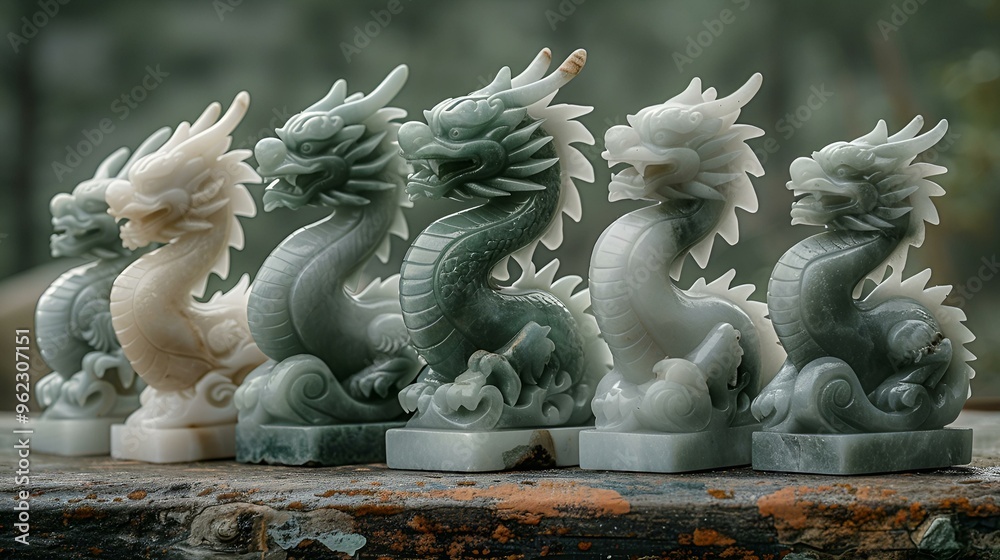 Fototapeta premium a group of white and grey dragon statues. 