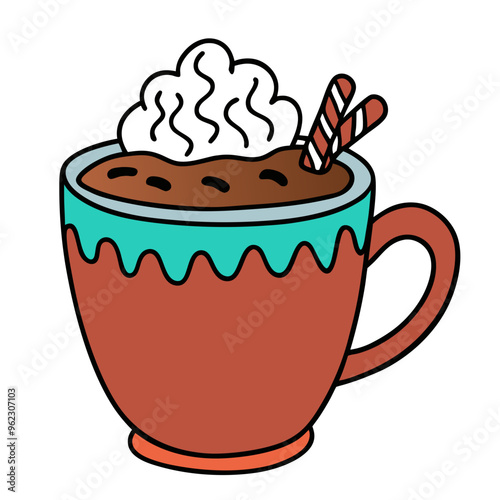 A cartoon of a steaming hot cup of cocoa with whipped cream and a striped straw