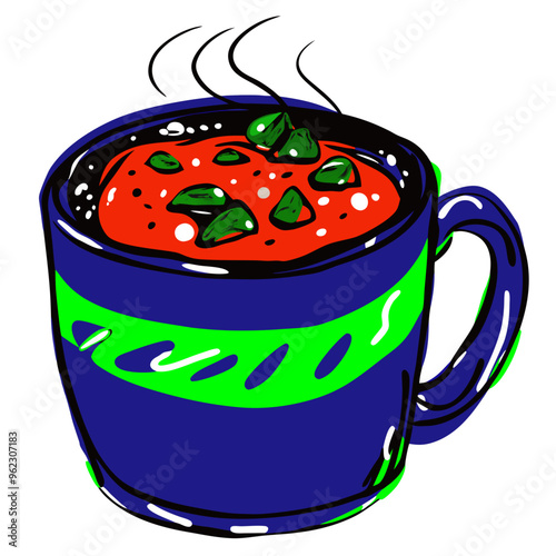 A colorful illustration of steaming soup in a blue cup with green patterns and a sprig of basil on top