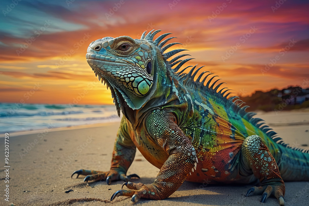 Fototapeta premium an iguana on a beach at sunset