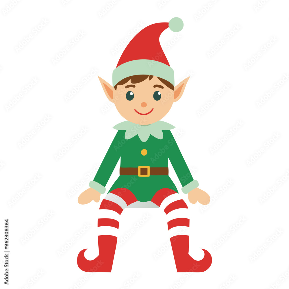 Illustration of a Christmas elf in green and red attire sitting down Illustration of a Christmas elf in green and red attire sitting down