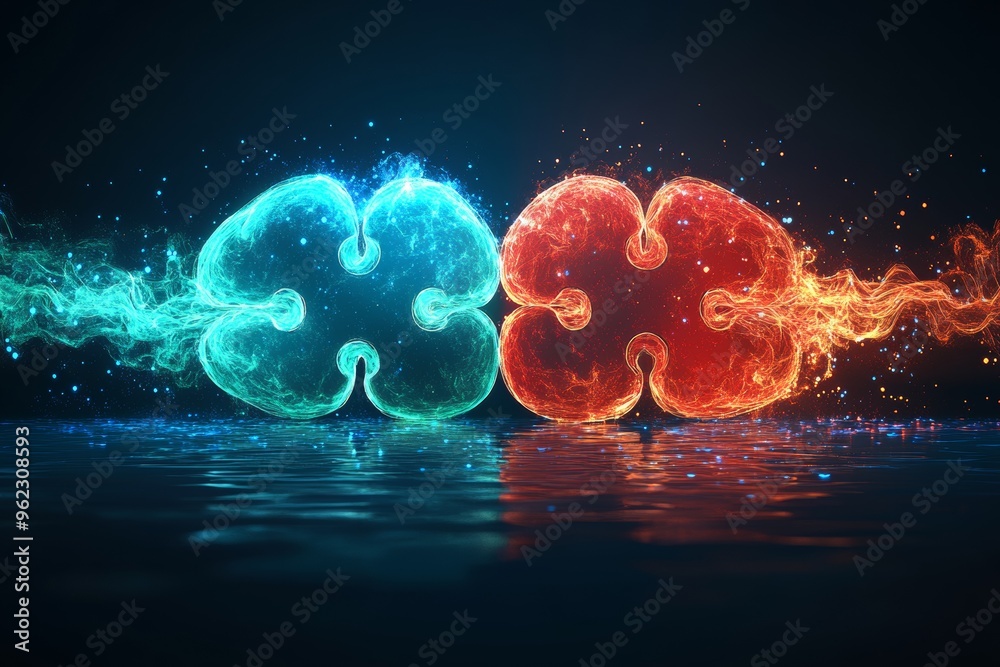 Obraz premium Neurocognitive interaction Neuroethics Neon lit fluid brains merging representing the dynamic energy and constant evolution of human thought and innovation