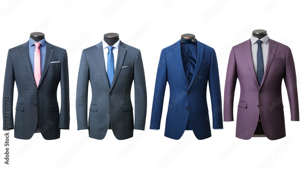 Stylish collection of four tailored suits displayed on mannequins in a boutique, showcasing various colors and patterns for formal occasions Stylish collection of four tailored suits displayed on mannequins in a boutique, showcasing various colors and patterns for formal occasions