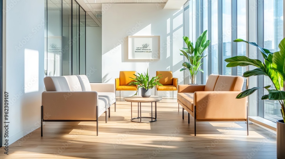 Fototapeta premium Bright co-working space with natural elements, ergonomic furniture, and ample natural light, fostering productivity