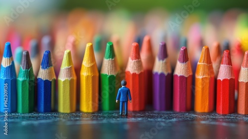 brightly colored mini crayons on a small desk, a creative educational backdrop with tiny student figurines