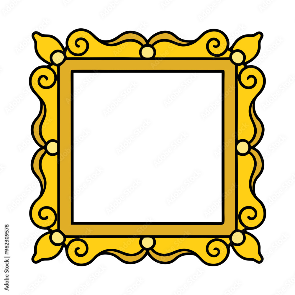 Obraz premium Illustration of an ornate, golden yellow picture frame with decorative corners on a white background.