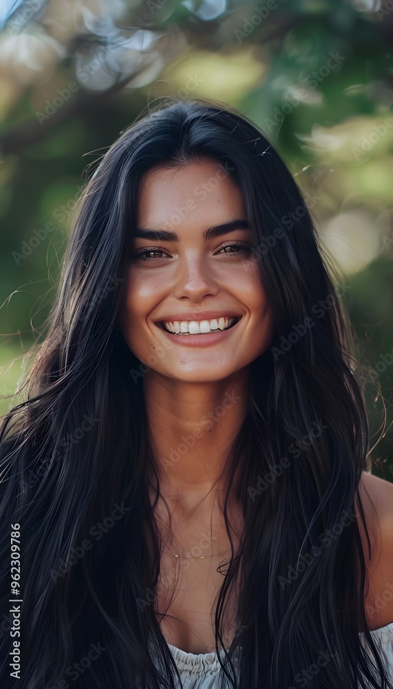 Happy young woman with long black hair smiling at camera Happy young woman with long black hair smiling at camera