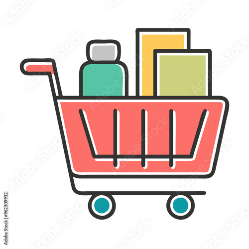 a simple, stylized illustration of a shopping cart. The cart is depicted in a side view with a red basket and a black outline. Inside the cart, there are three items: a green bottle with a gray cap