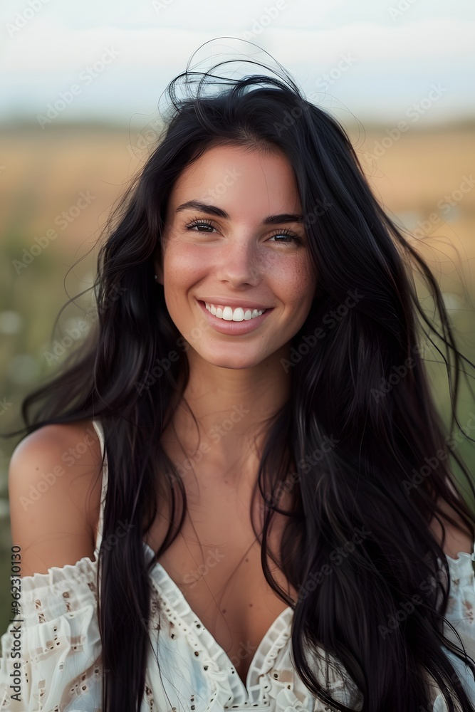Happy young woman with long black hair smiling at camera