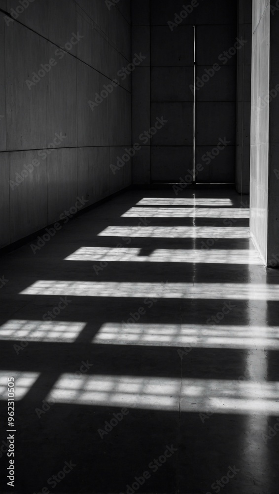Black-and-white photography of window shadows cast on a reflective concrete floor.