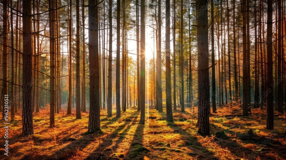 Fototapeta premium Sunbeams Filtering Through Forest Trees