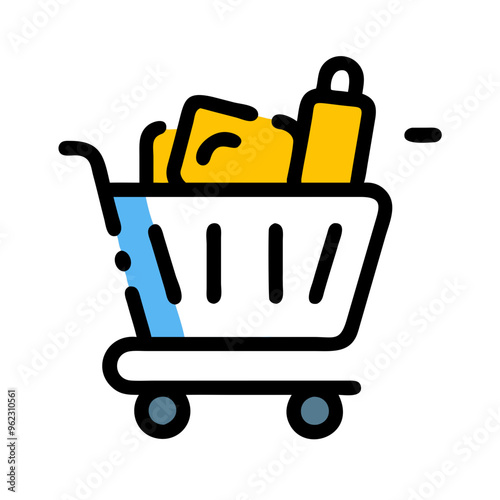 a simple, stylized icon of a shopping cart. The cart is depicted with a black outline and has two wheels at the bottom. Inside the cart, there are yellow shapes representing items, such as boxes